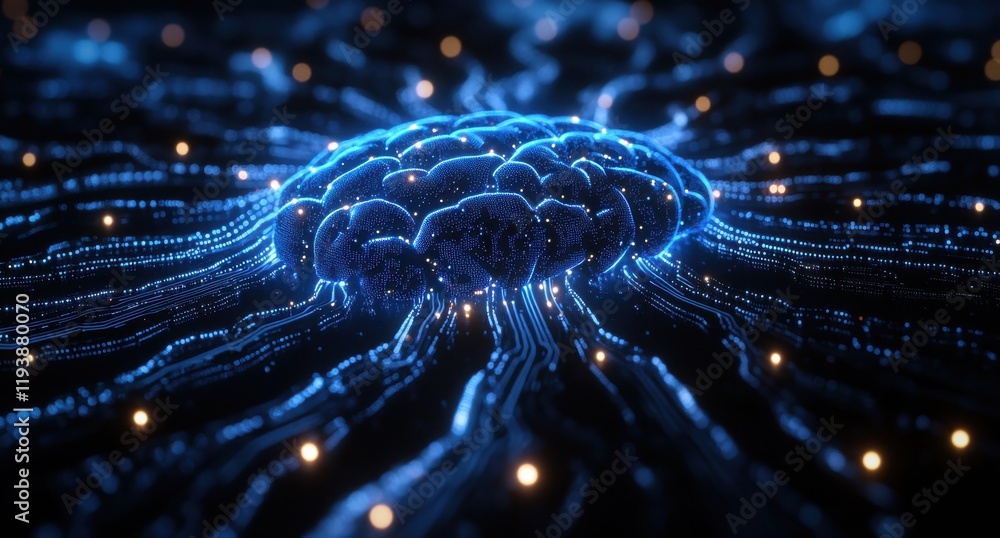 Poster abstract representation of a neural network with blue light and glowing nodes, symbolizing intellige