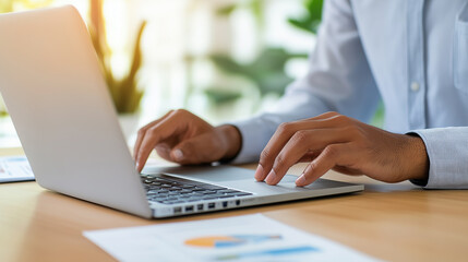 Business owner working on laptop, planning growth strategies with focus.
