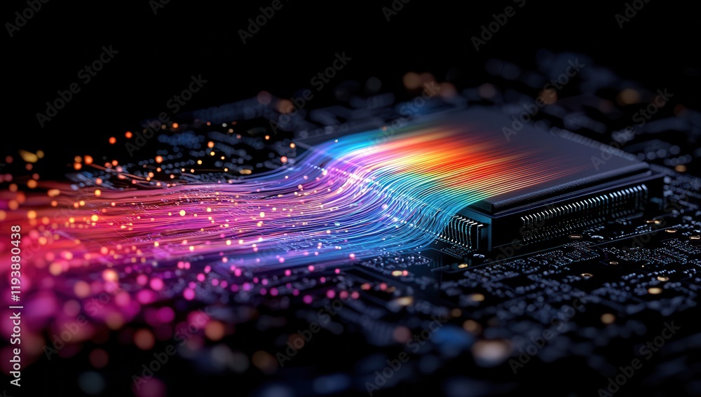 Poster abstract representation of data flow and digital connectivity with vibrant colors emanating from a m