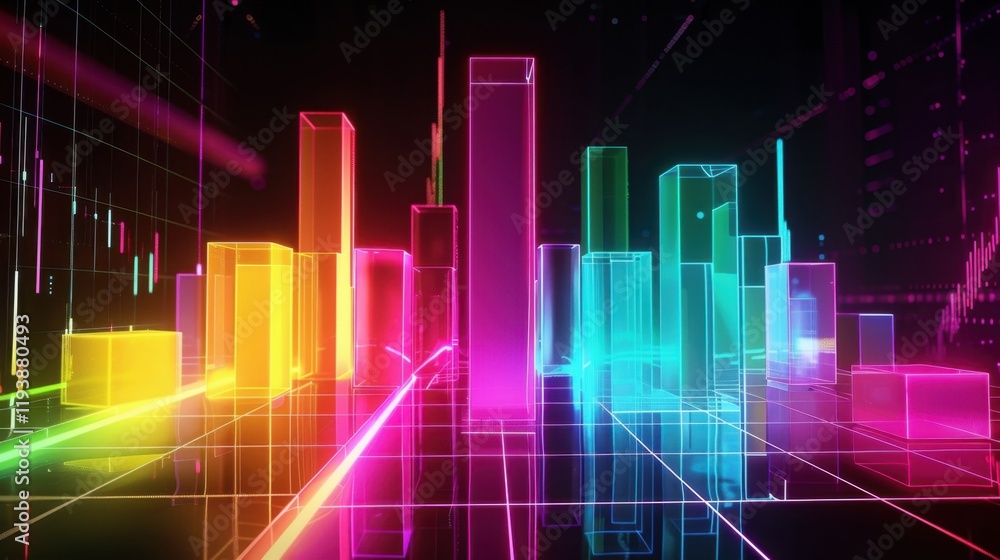 Poster vibrant neon bars represent data visualization in digital landscape, showcasing colorful trends and 