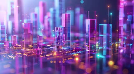 Fototapeta premium Futuristic cityscape with vibrant neon lights and glowing skyscrapers, showcasing digital landscape filled with colorful reflections and abstract structures