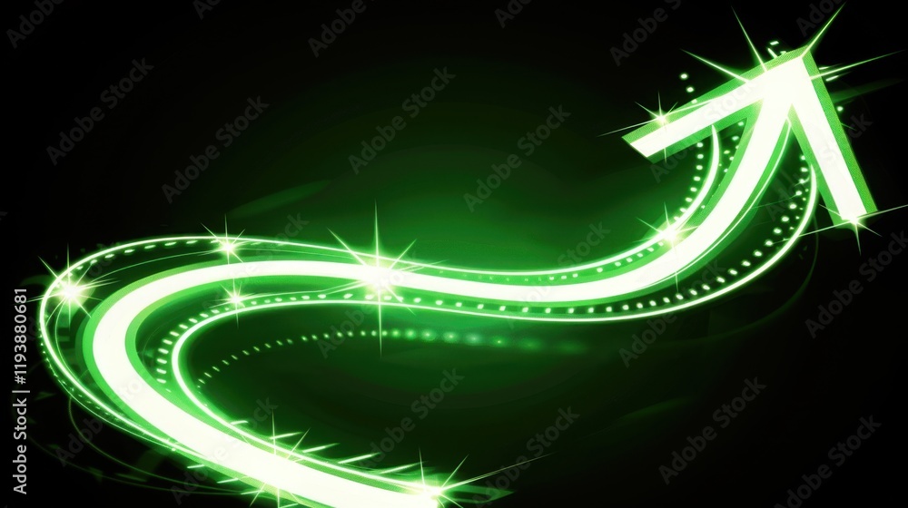 Poster bright green arrow with sparkling effects on dark background, symbolizing growth and progress. dynam