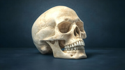 Obraz premium Human Skull, Anatomy Study, Detailed, Positioned on Dark Surface, Captivating View