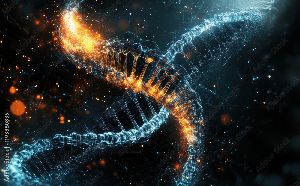 Poster abstract representation of dna helix with dynamic lights and glowing effects, symbolizing genetic sc