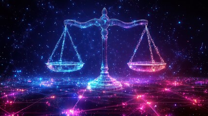 Digital scales of justice on vibrant tech background.