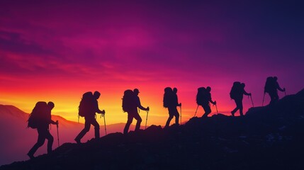Fototapeta premium Silhouette of Hikers Ascending Mountain at Sunrise and Colorful Sky