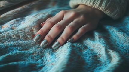 A creative manicure with metallic accents and marble effect nails, styled on a hand resting against a soft, textured surface.