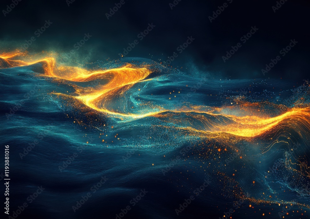 Poster abstract representation of flowing light with dynamic waves in dark environment, evoking a sense of 