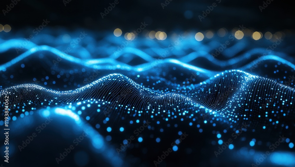 Poster abstract representation of glowing blue wave patterns with luminous dots, creating a futuristic back