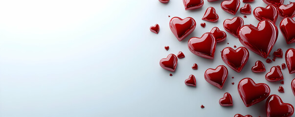 Red hearts fall on white, blank space
