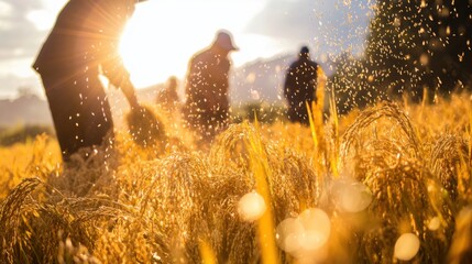 Candid Harvesting of Rice by a Team in Bright Daylight with an Organised Agricultural Backdrop Reflecting the Beauty of Nature and Hard Work