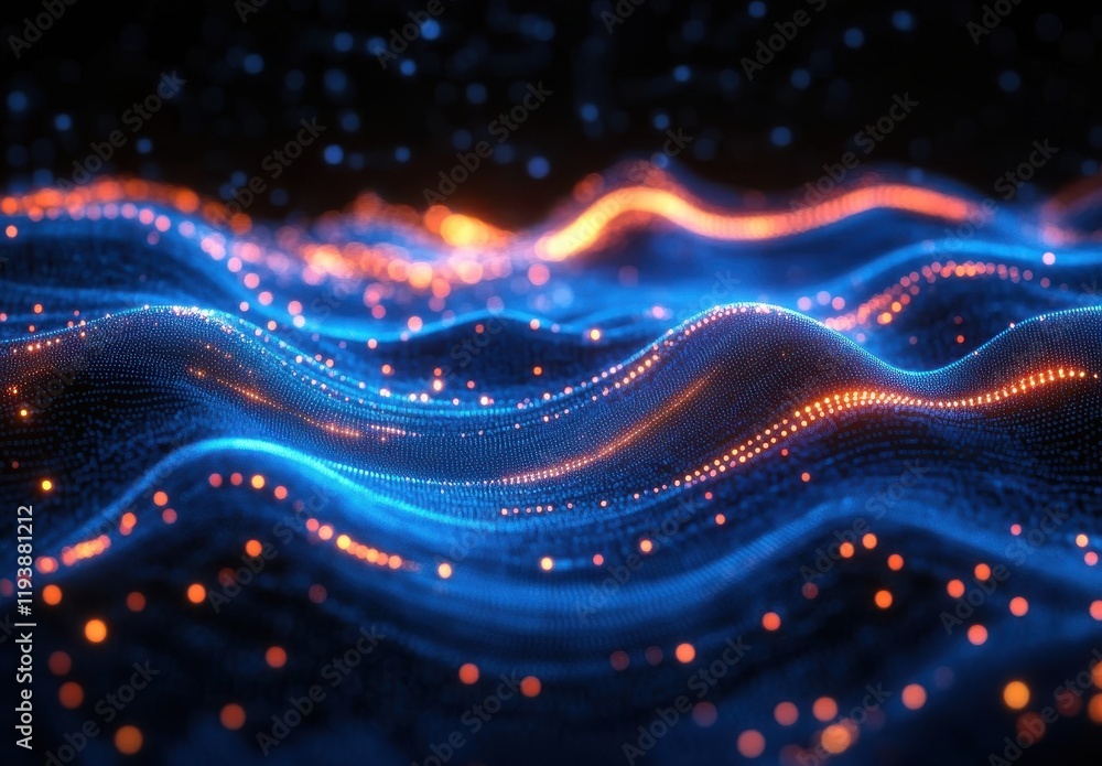 Poster abstract representation of glowing waves illuminated by orange and blue lights, showcasing digital p
