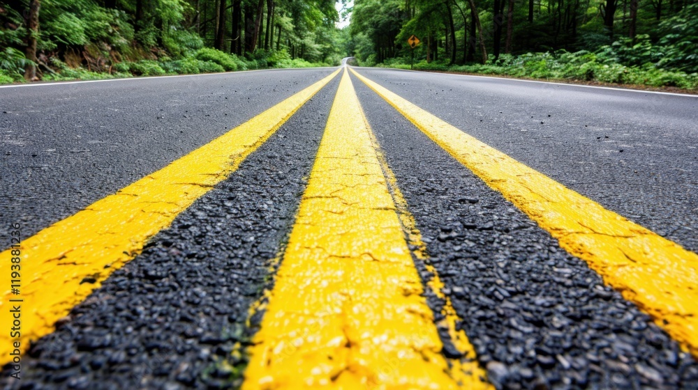 Poster image features close up view of road with yellow lines, surrounded by lush greenery, creating serene
