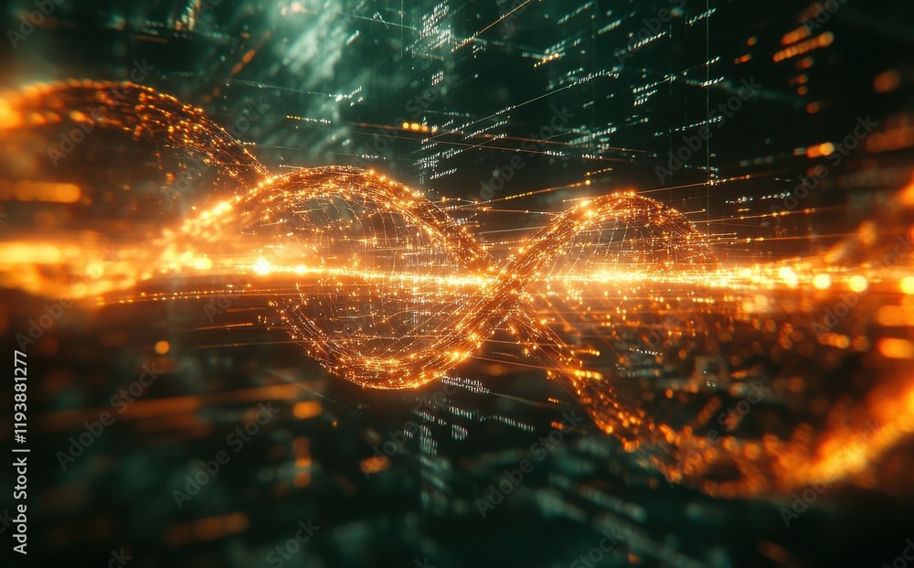 Poster abstract representation of infinity with glowing particles and light trails illustrating concepts of