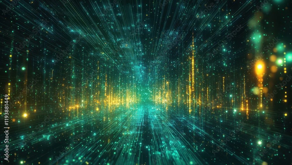 Poster abstract representation of light beams and particles creating a dynamic motion background with vibra
