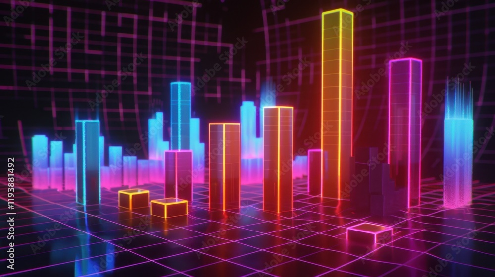Poster vibrant neon bar graph visualization with glowing colors and grid background, representing data anal