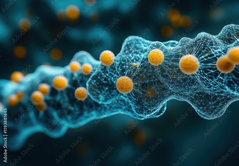 Poster abstract representation of molecular structures with colorful particles floating amongst fine blue f