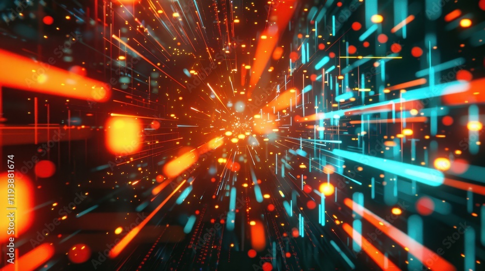 Poster dynamic abstract background with vibrant light trails and particles, creating sense of motion and en