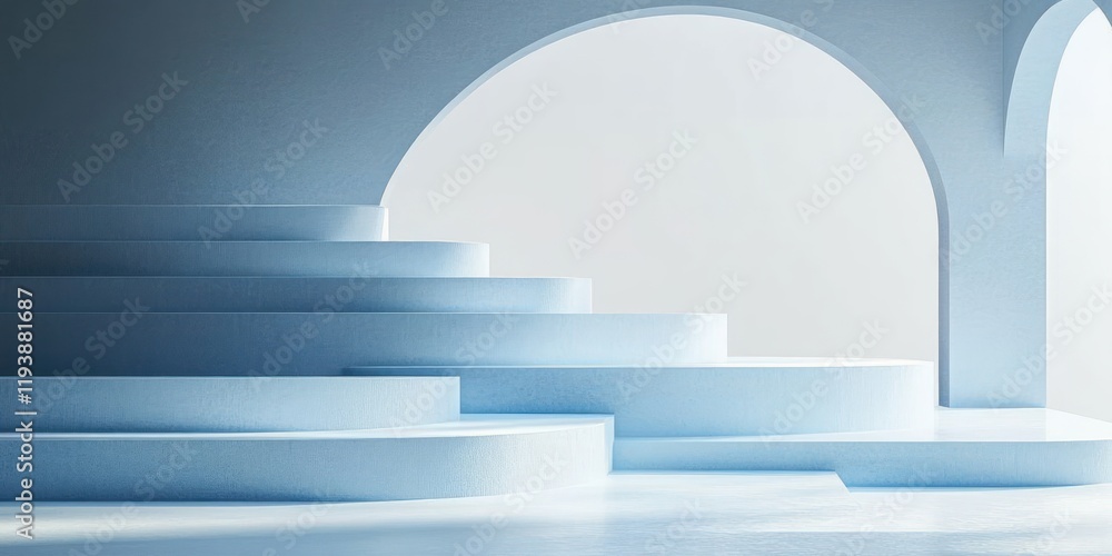 Poster minimalist blue gradient podium for product presentation with soft daylight and subtle reflections