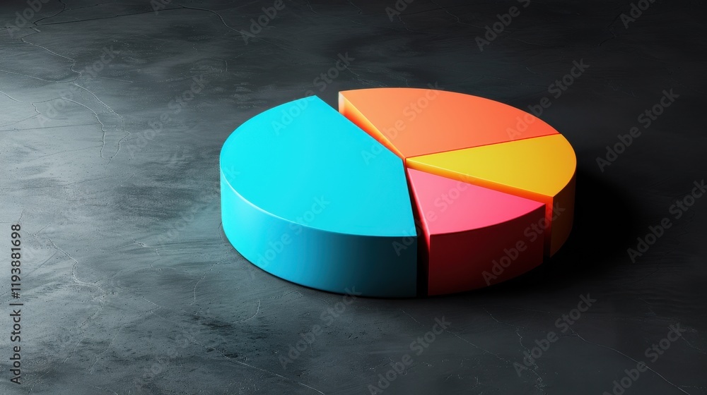 Poster colorful pie chart on textured surface, showcasing data visualization with vibrant segments in blue,