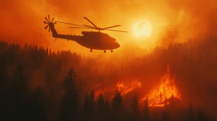 Fototapeta premium A firefighting helicopter operates over a raging forest fire. - ai