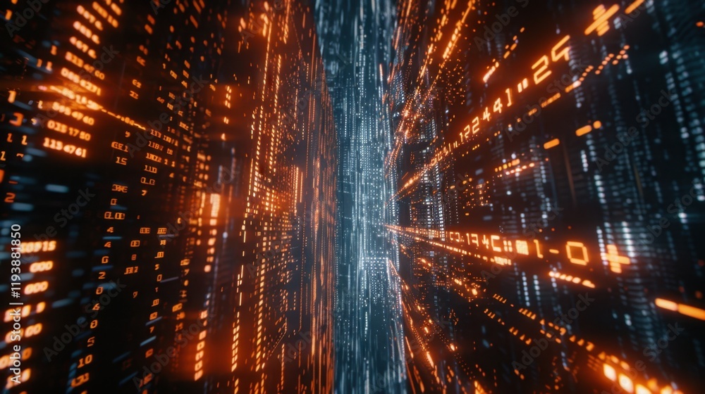 Poster digital data stream with glowing orange and blue binary code