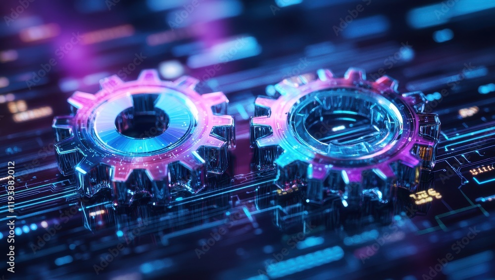 Poster abstract representation of two transparent gears with a glowing holographic interface, symbolizing t