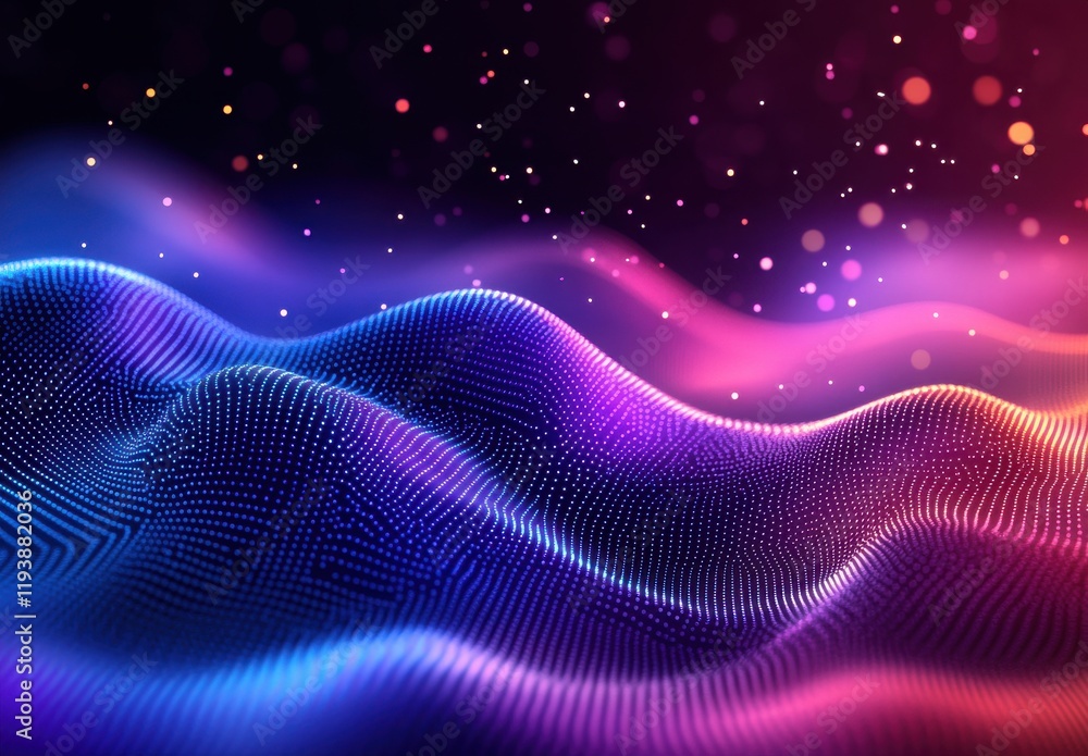 Poster Abstract representation of vibrant waves flowing in colorful patterns with luminous particles, showcasing a blend of modern digital art and technology in a captivating visual experience