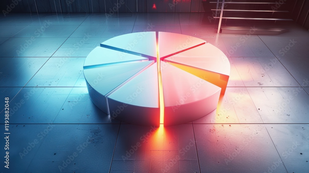 Poster modern pie chart with glowing segments, showcasing data visualization in futuristic setting. sleek d