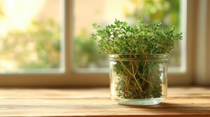 A Small Glass Jar Filled with Fresh Thyme Sprigs Displayed Elegantly on a Wooden Surface with a Diffused Natural Light Background in a Cozy Kitchen Scene