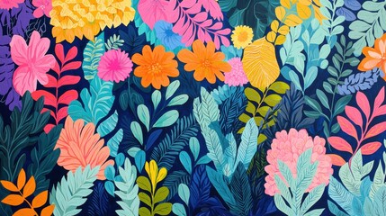 Vibrant Floral Pattern with Colorful Leaves and Flowers on Dark Background