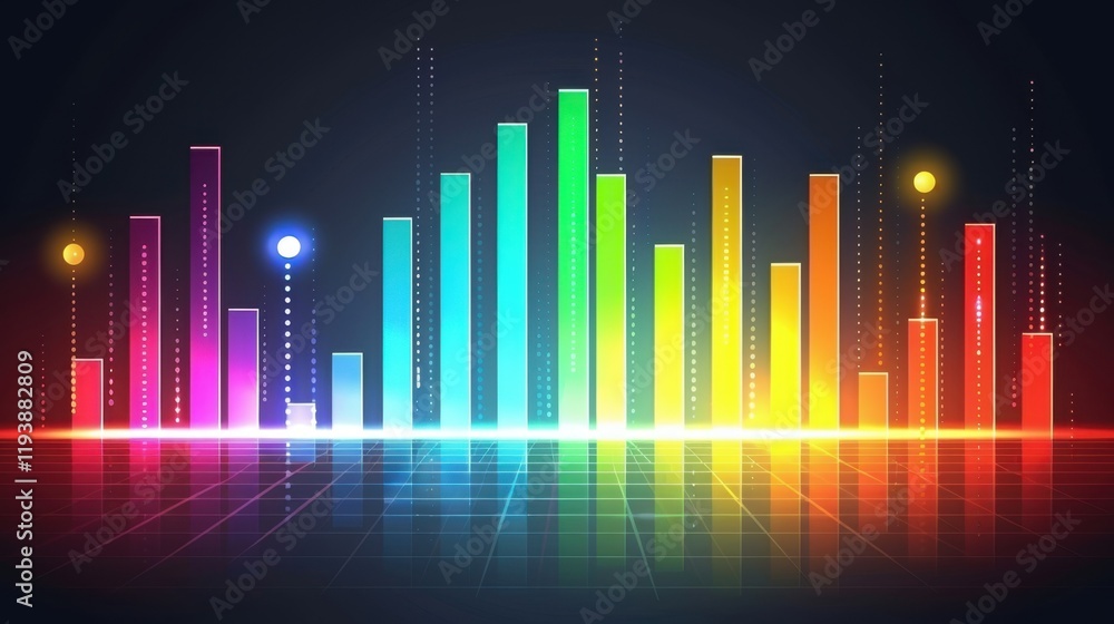 Poster colorful data visualization with vibrant bars representing statistics and trends. design features mo