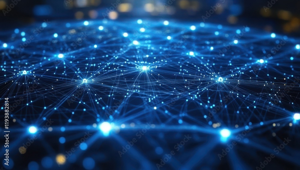 Poster abstract technology background with blue glowing connections and nodes showcasing digital network an