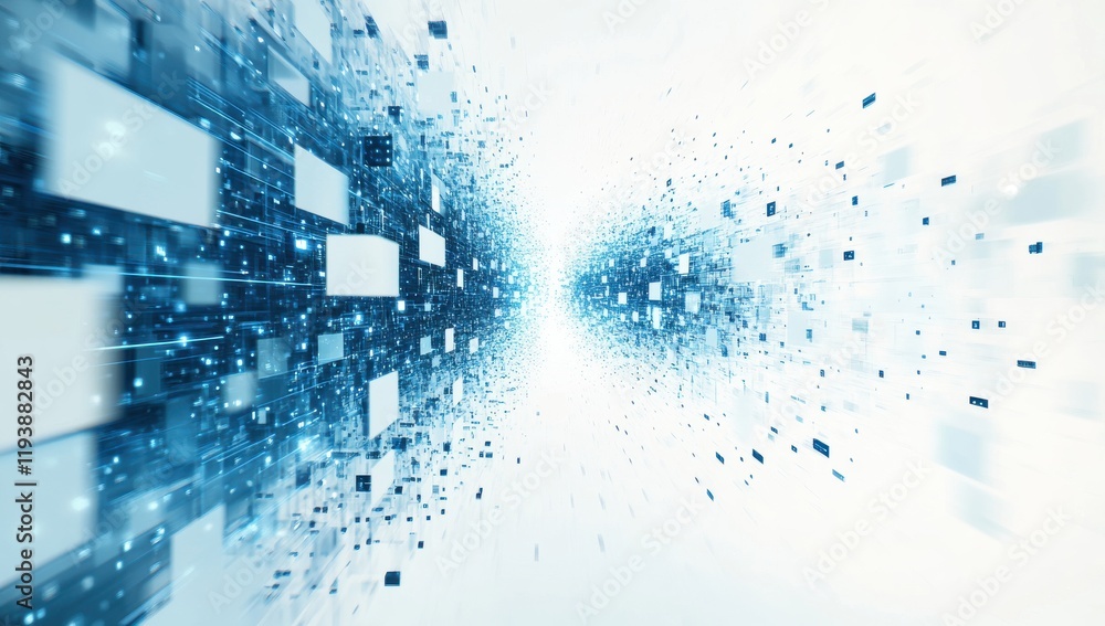 Poster abstract technology background with dynamic flow of pixels and light in shades of blue and white cre
