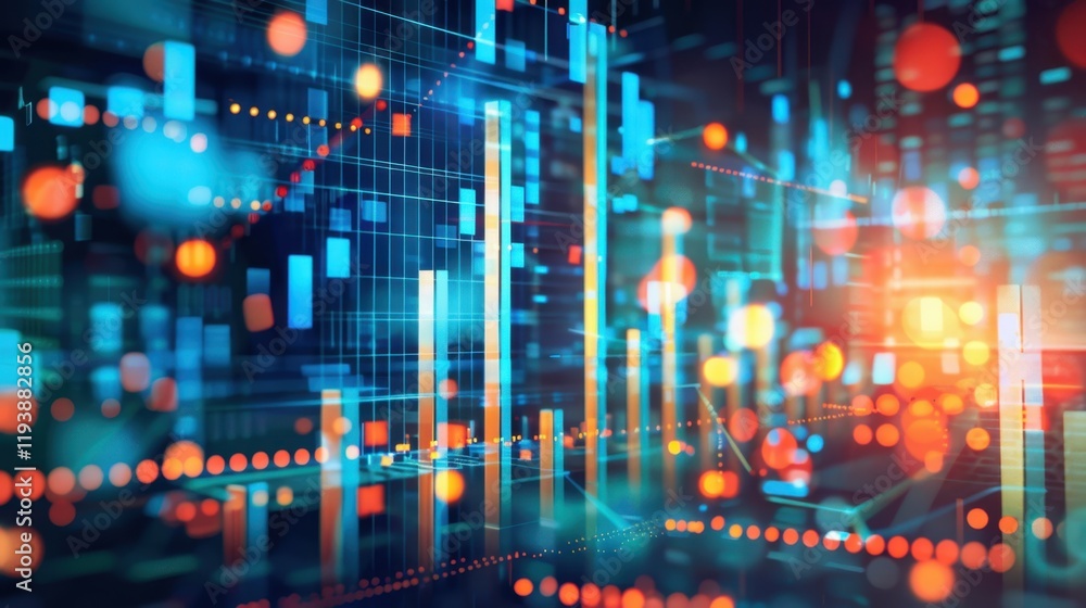 Poster abstract digital financial data visualization with vibrant colors and patterns, representing stock m