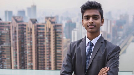 confident young man in suit stands against city skyline, showcasing modern architecture and urban life. His expression reflects ambition and professionalism