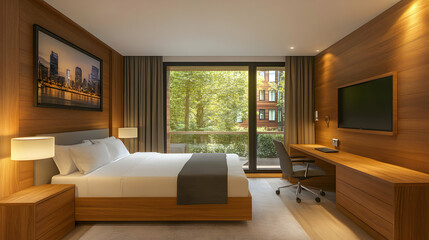 Fototapeta premium Modern Hotel Room with City View, Desk, and Balcony Access. Luxurious and Comfortable Accommodations for a Relaxing Stay.