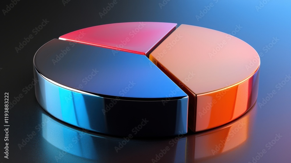 Poster colorful pie chart with three segments in red, blue, and orange, reflecting data visualization and a