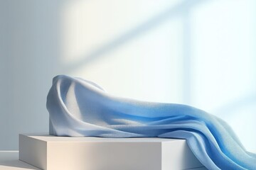 Minimalist Still Life Pedestal with Blue Cloth and Soft Lighting