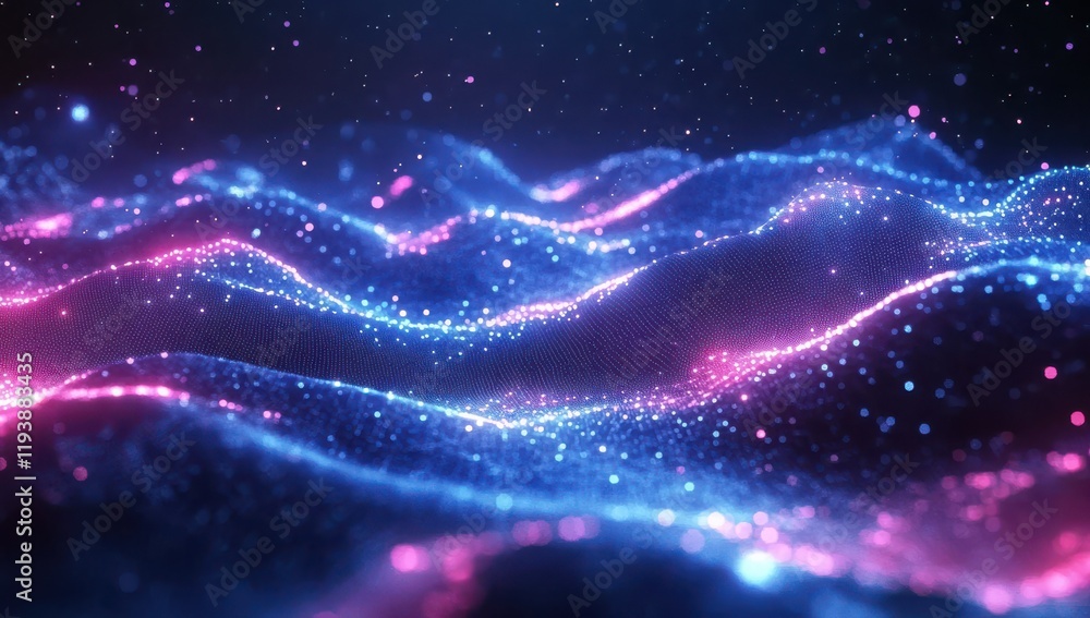 Poster abstract vibrant waves of light in colorful digital space with shimmering particles creating a futur