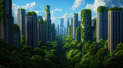 Obraz premium Lush Green Cityscape with Skyscrapers Surrounded by Nature's Abundance