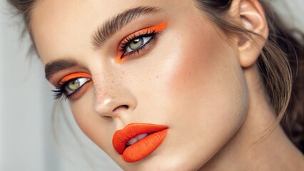 A striking portrait depicting a model with bold neon orange lipstick that commands attention. Their eyes are beautifully highlighted with sleek neon orange eyeshadow making their