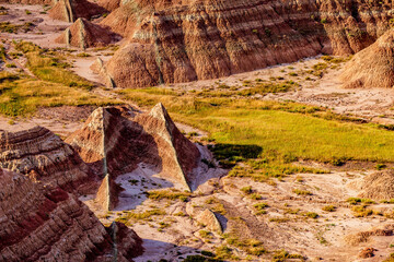 Rugged multi color plains, mountains and valleys of Badlands National Park near Wall, South Dakota