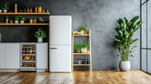 Contemporary kitchen style white refrigerator showing food on its shelves, set against a grey concrete wall, wooden floors, and a stylish potted plant.