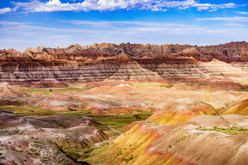 Rugged multi color plains, mountains and valleys of Badlands National Park near Wall, South Dakota