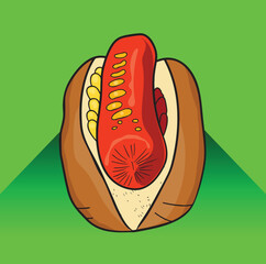 Delicious hot dog with mustard lying in a bun on vibrant background