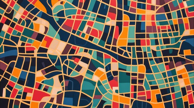 Abstract Colorful Map Design with Geometric Patterns and Shapes