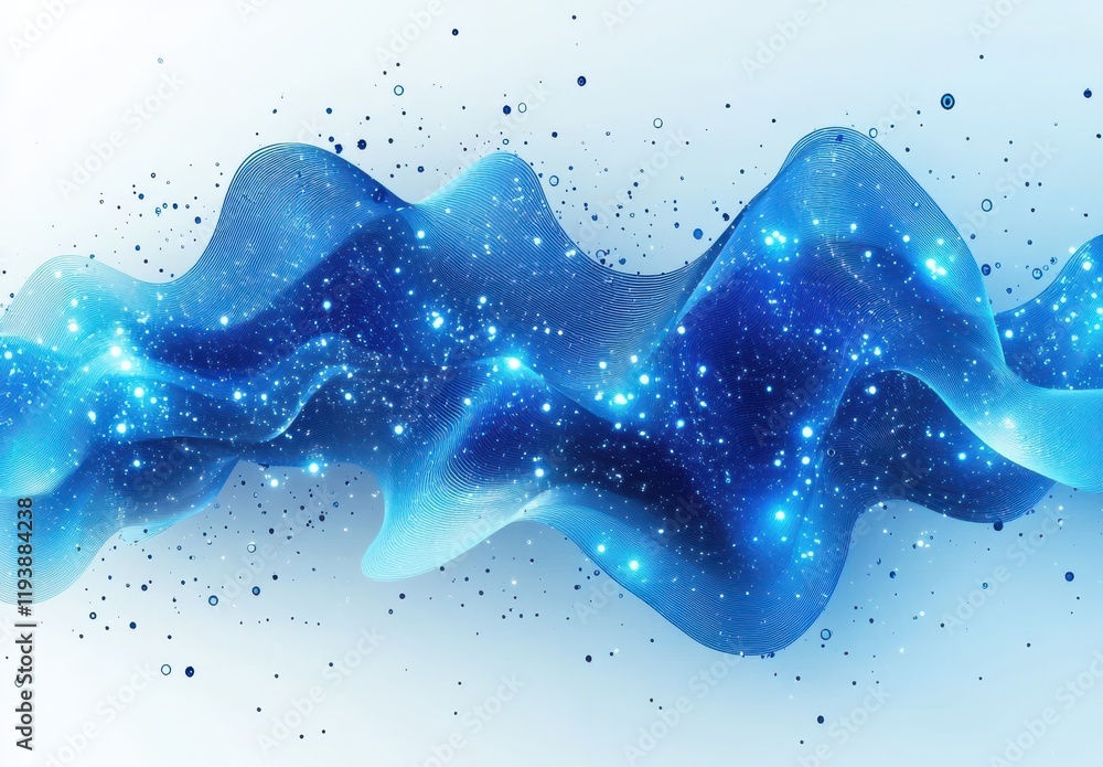 Poster abstract wave form with bright glittering stars and bubbles on a soft blue background for use in dig