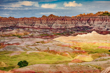 Rugged multi color plains, mountains and valleys of Badlands National Park near Wall, South Dakota