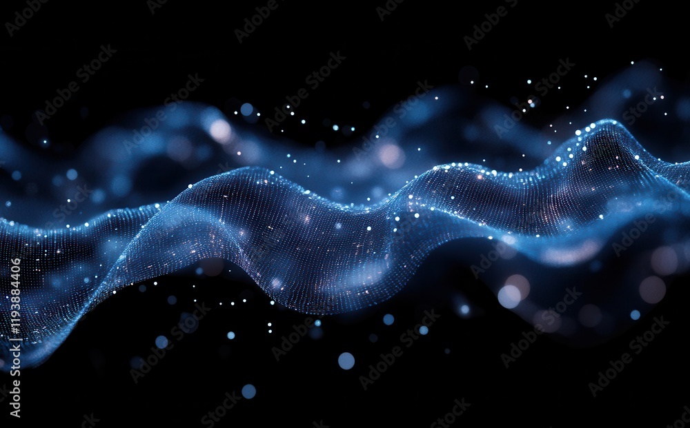 Poster Abstract Wave Pattern with Blue Light Dots Creating a Dynamic Flowing Visual in a Dark Background for Use in Modern Graphic Designs and Digital Projects